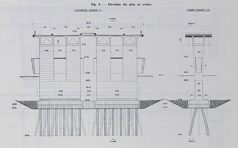 Choisy-le-Roi. Pont de Choisy (n°2). Elévations d'une pile en rivière.  Tiré de : Travaux, janvier 1966, n° 372.