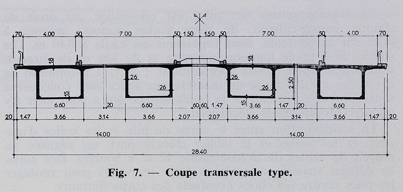 Choisy-le-Roi. Pont de Choisy (n°2). Coupe transversale sur le tablier.  Tiré de : Travaux, janvier 1966, n° 372.