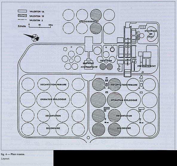 Valenton, station d'épuration dite usine d'épuration de Valenton. Plan masse. Tiré de : La station d'épuration de Valenton (Val-de-Marne)/A. Gardes. In Travaux, n° 680, oct. 1992, p. 32.