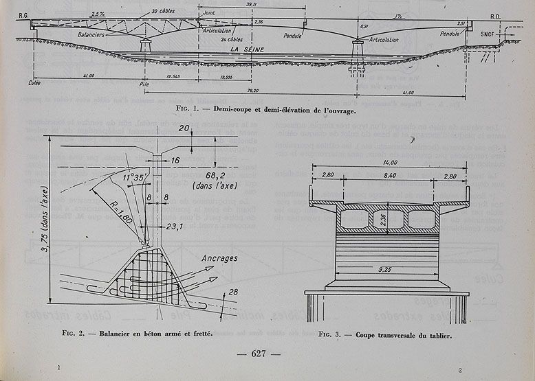 Villeneuve-Saint-Georges . Pont de Villeneuve-Saint-Georges (n°3). Demi-coupe, demi-élévation et coupe transversale du tablier. Tiré de : Annales de l'Institut technique du bâtiment et des travaux publics, 6e année, n°67-68, juillet-août 1953.