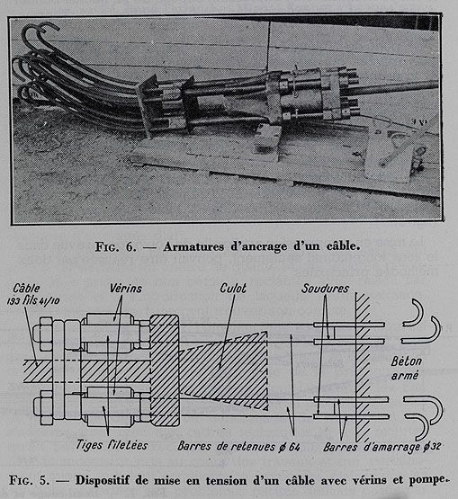 Villeneuve-Saint-Georges . Pont de Villeneuve-Saint-Georges (n°3). Vue d'une armature d'ancrage d'un câble et schéma du dispositif de mise sous tension d'un câble. Tiré de : Annales de l'Institut technique du bâtiment et des travaux publics, 6e année, n°67-68, juillet-août 1953.