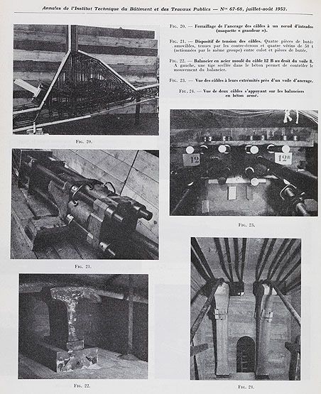 Villeneuve-Saint-Georges . Pont de Villeneuve-Saint-Georges (n°3). Différentes vues des câbles de l'ouvrage et de leur mise en oeuvre. Tiré de : Annales de l'Institut technique du bâtiment et des travaux publics, 6e année, n°67-68, juillet-août 1953.
