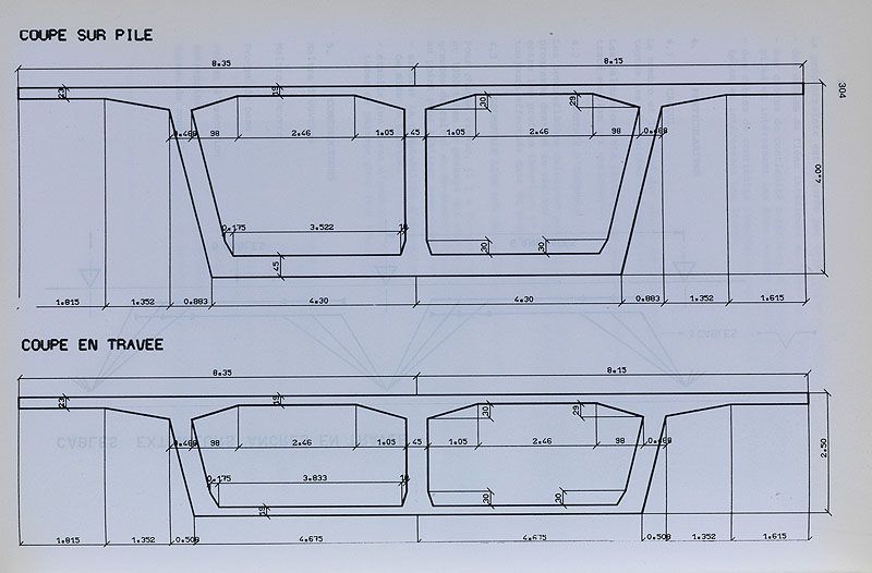 Choisy-le-Roi, Alfortville, Vitry-sur-Seine. Pont de Choisy de l'A86. Coupes cotées du tablier du viaduc de la darse d'Alfortville . Tiré de : Choisy-le-Roi, construction du pont de l'autoroute A86" / Bulletin annuel AFPC (Association française pour la construction)", 1983-84, p. 224-226, 385-386.