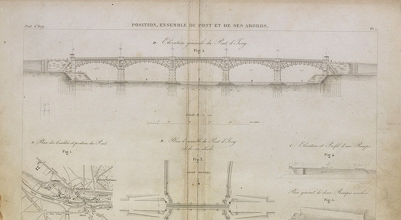 Ivry-sur-Seine. Pont d'Ivry (n°1). Elévation principale. Tiré de : Pont d'Ivry en bois, sur piles en pierre, traversant la Seine... / MHC Emmery. Paris : Carilian-Goeury, 1832. (Ecole nationale des ponts et chaussées)