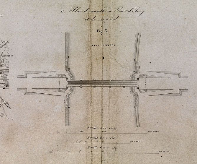 Ivry-sur-Seine. Pont d'Ivry (n°1). Plan d'ensemble du pont et de ses abords. Tiré de : Pont d'Ivry en bois, sur piles en pierre, traversant la Seine... / MHC Emmery. Paris : Carilian-Goeury, 1832. (Ecole nationale des ponts et chaussées)