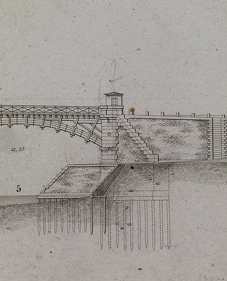 Ivry-sur-Seine. Pont d'Ivry (n°1). Détail de l'élévation d'une culée. Tiré de : Pont d'Ivry en bois, sur piles en pierre, traversant la Seine... / MHC Emmery. Paris : Carilian-Goeury, 1832. (Ecole nationale des ponts et chaussées)