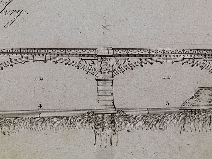 Ivry-sur-Seine. Pont d'Ivry (n°1). Détail de l'élévation d'une pile en rivière et de deux arches. Tiré de : Pont d'Ivry en bois, sur piles en pierre, traversant la Seine... / MHC Emmery. Paris : Carilian-Goeury, 1832. (Ecole nationale des ponts et chaussées)