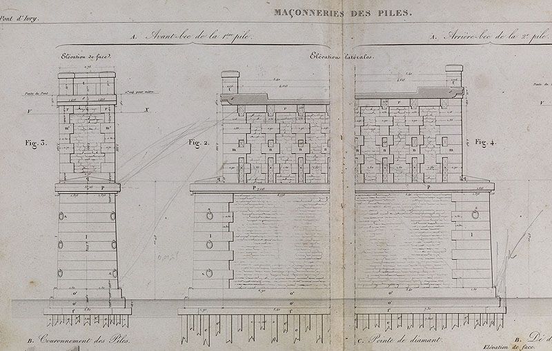 Ivry-sur-Seine. Pont d'Ivry (n°1). Elévations d'une pile. Tiré de : Pont d'Ivry en bois, sur piles en pierre, traversant la Seine... / MHC Emmery. Paris : Carilian-Goeury, 1832. (Ecole nationale des ponts et chaussées)