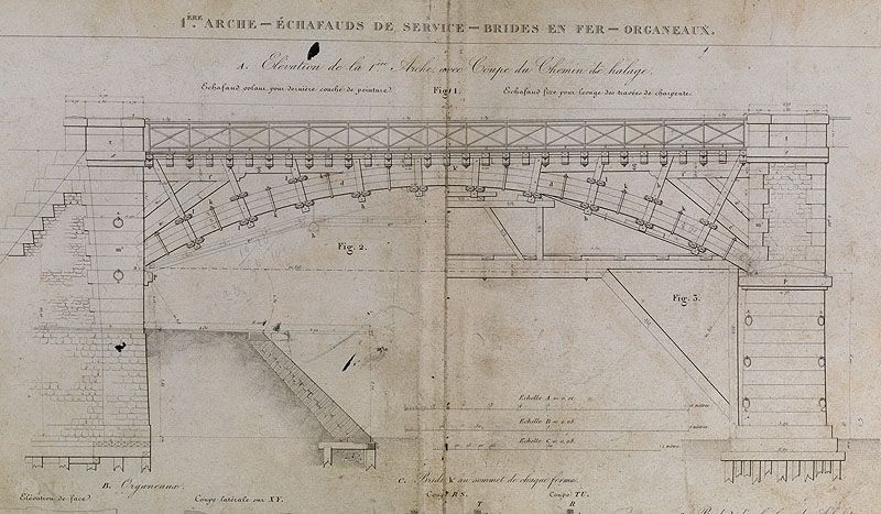 Ivry-sur-Seine. Pont d'Ivry (n°1). Elévation de la première arche. Tiré de : Pont d'Ivry en bois, sur piles en pierre, traversant la Seine... / MHC Emmery. Paris : Carilian-Goeury, 1832. (Ecole nationale des ponts et chaussées)