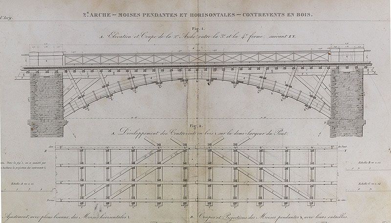 Ivry-sur-Seine. Pont d'Ivry (n°1). Elévation et coupe de la deuxième arche. Tiré de : Pont d'Ivry en bois, sur piles en pierre, traversant la Seine... / MHC Emmery. Paris : Carilian-Goeury, 1832. (Ecole nationale des ponts et chaussées)