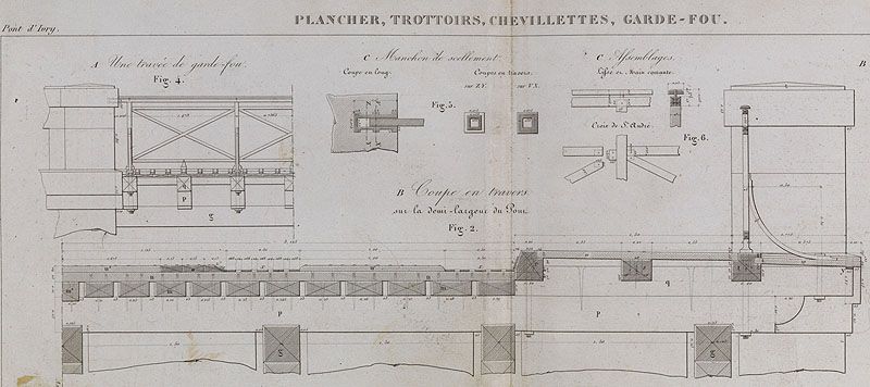 Ivry-sur-Seine. Pont d'Ivry (n°1). Détail du garde-corps et coup d'une demi-largeur du tablier.  Tiré de : Pont d'Ivry en bois, sur piles en pierre, traversant la Seine... / MHC Emmery. Paris : Carilian-Goeury, 1832. (Ecole nationale des ponts et chaussées)