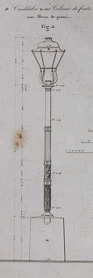 Ivry-sur-Seine. Pont d'Ivry (n°1). Détail d'un candélabre.  Tiré de : Pont d'Ivry en bois, sur piles en pierre, traversant la Seine... / MHC Emmery. Paris : Carilian-Goeury, 1832. (Ecole nationale des ponts et chaussées)