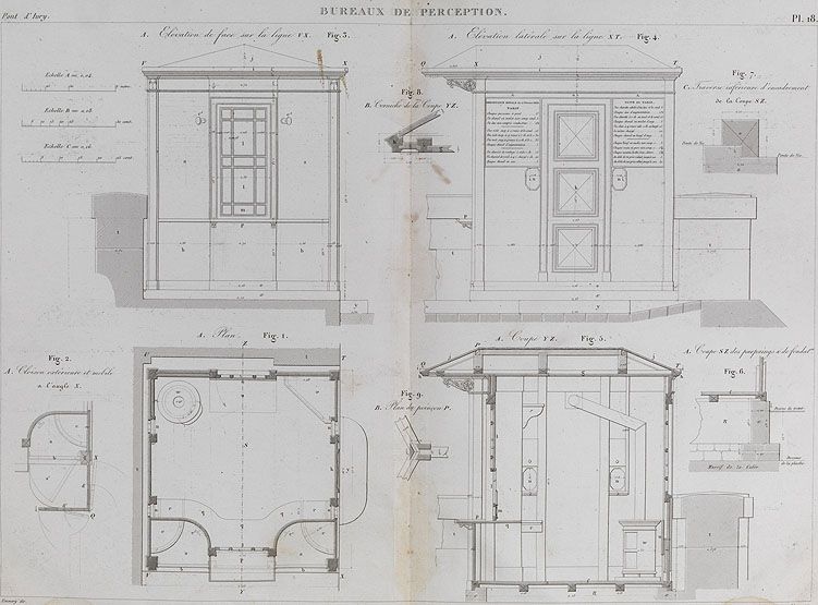 Ivry-sur-Seine. Pont d'Ivry (n°1). Elévations et coupes du bureau de perception. Tiré de : Pont d'Ivry en bois, sur piles en pierre, traversant la Seine... / MHC Emmery. Paris : Carilian-Goeury, 1832. (Ecole nationale des ponts et chaussées)