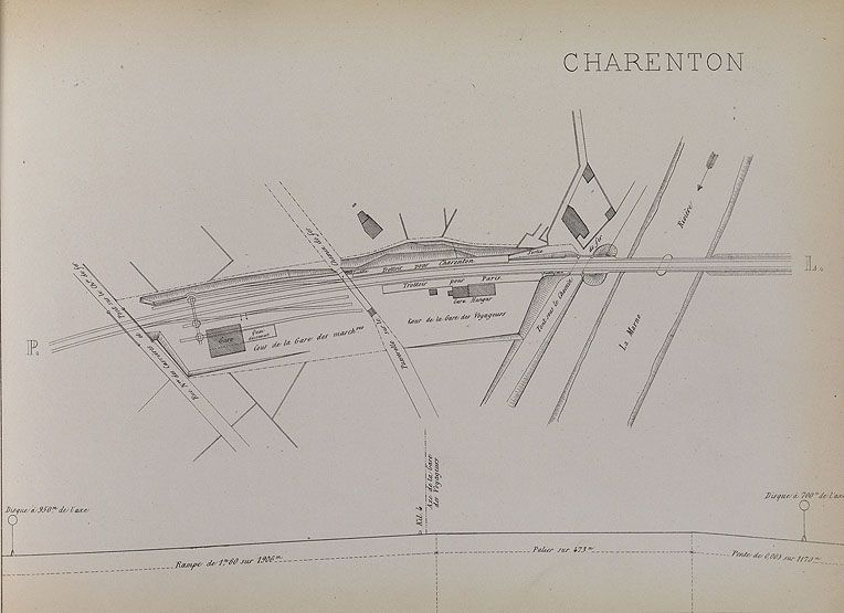 Chemin de fer de Paris à Lyon. Profil général de la ligne ; plans et profils détaillés des gares, s.d. [vers 1852-55], [d'après Lagrière, ancien chef de gare de Bercy]. Plan de la gare de Charenton. (Ecole nationale des ponts et chaussées)