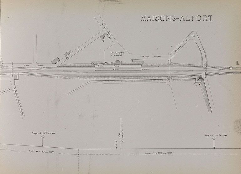Chemin de fer de Paris à Lyon. Profil général de la ligne ; plans et profils détaillés des gares, s.d. [vers 1852-55], [d'après Lagrière, ancien chef de gare de Bercy]. Plan de la gare de Maisons-Alfort. (Ecole nationale des ponts et chaussées)