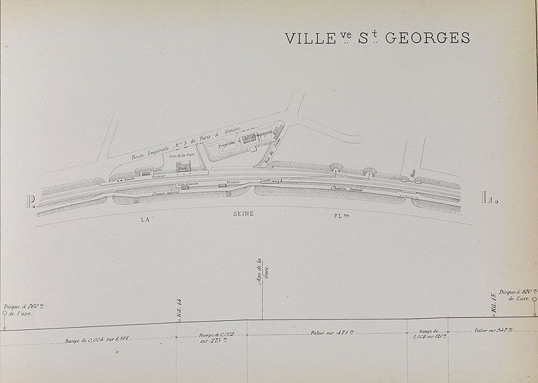 Chemin de fer de Paris à Lyon. Profil général de la ligne ; plans et profils détaillés des gares, s.d. [vers 1852-55], [d'après Lagrière, ancien chef de gare de Bercy]. Plan de la gare de Villeneuve-Saint-Georges. (Ecole nationale des ponts et chaussées)