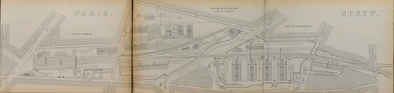Chemin de fer de Paris à Lyon. Profil général de la ligne ; plans et profils détaillés des gares, s.d. [vers 1852-55], [d'après Lagrière, ancien chef de gare de Bercy]. Plan de la gare de Paris-Bercy. (Ecole nationale des ponts et chaussées)