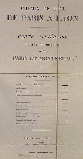 Chemin de fer de Paris à Lyon. Carte itinéraire de la partie comprise entre Paris et Montereau, [ca 1850]. Titre et légende de la carte. (Ecole nationale des ponts et chaussées)