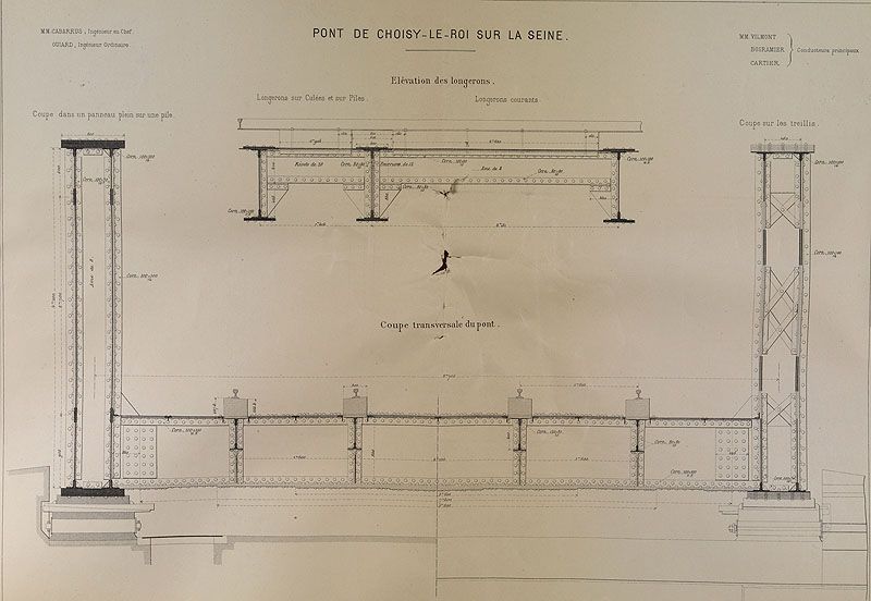 Choisy-le-Roi. Pont ferroviaire de la Grande Ceinture. Coupe transversale du pont et élévation des longerons. (Ecole nationale des ponts et chaussées)