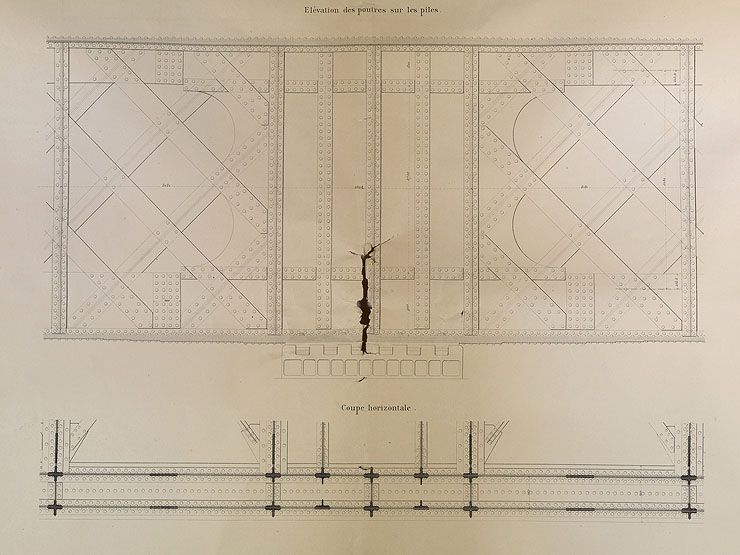 Choisy-le-Roi. Pont ferroviaire de la Grande Ceinture. Elévation des poutres sur les piles. (Ecole nationale des ponts et chaussées)