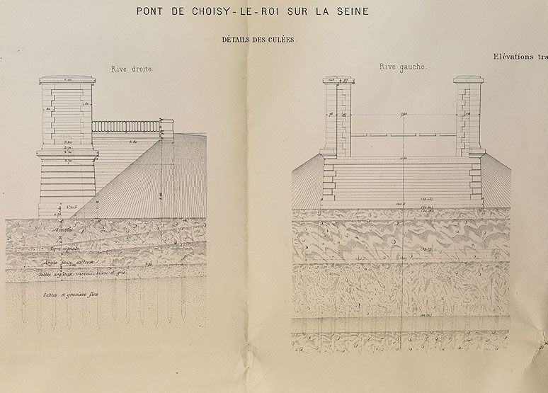 Choisy-le-Roi. Pont ferroviaire de la Grande Ceinture. Détail des culées. Elévations et plans. (Ecole nationale des ponts et chaussées)