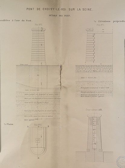 Choisy-le-Roi. Pont ferroviaire de la Grande Ceinture. Détail des piles. Elévations et plans. (Ecole nationale des ponts et chaussées)