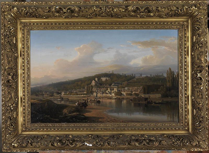 Vue de Villeneuve-Saint-Georges depuis la Seine". Tableau 1848. Vue générale du tableau avec son cadre. (Collection particulière)