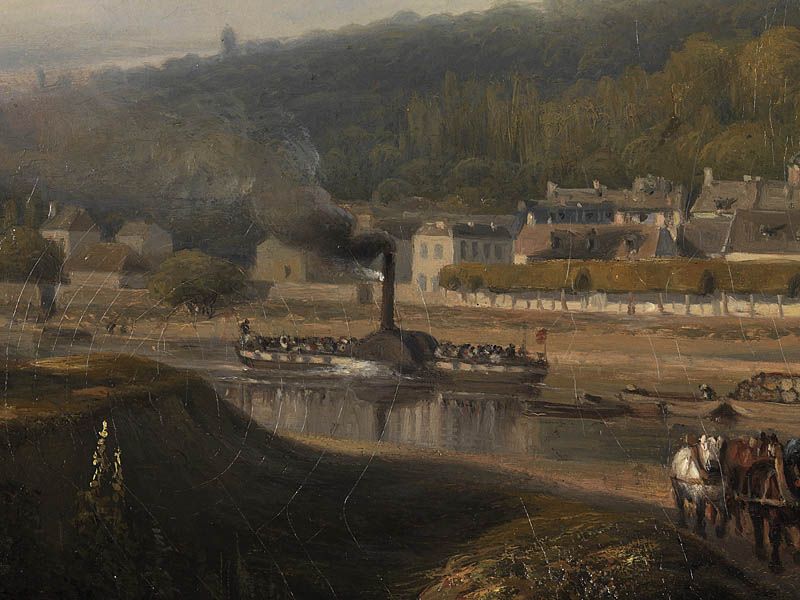 Vue de Villeneuve-Saint-Georges depuis la Seine". Tableau 1848. Détail d'un bateau à vapeur à roue à aubes. (Collection particulière)