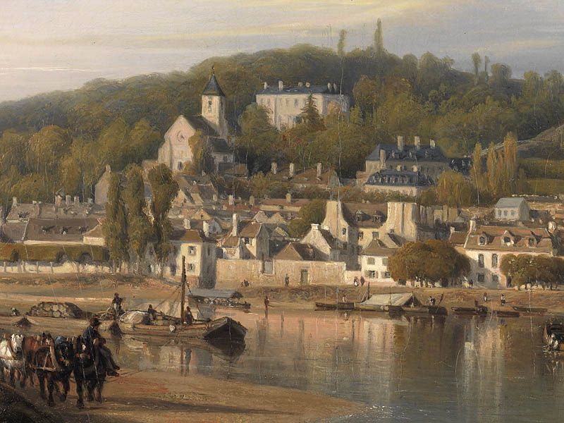 Vue de Villeneuve-Saint-Georges depuis la Seine". Tableau 1848. Détail du village et du coteau. (Collection particulière)