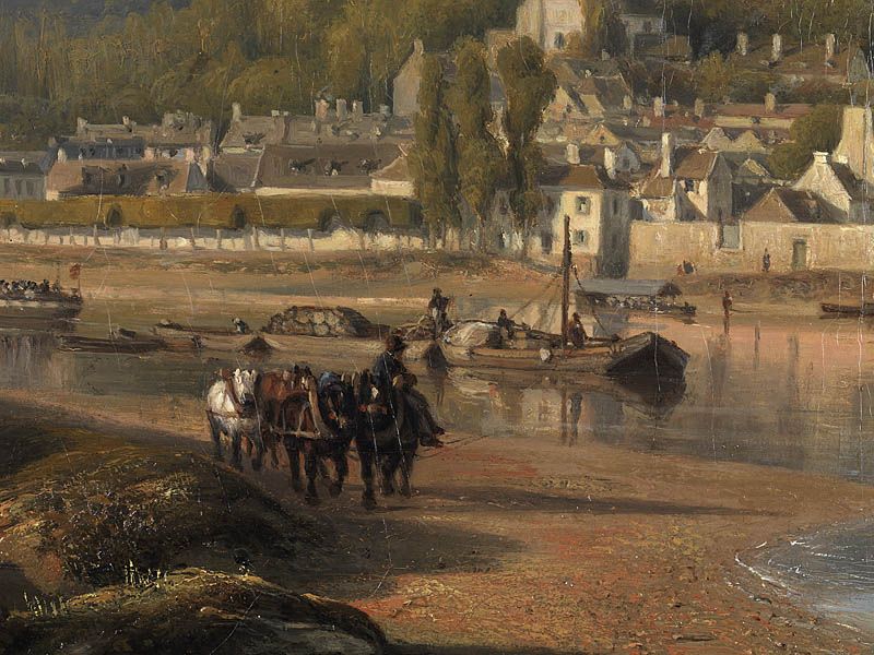 Vue de Villeneuve-Saint-Georges depuis la Seine". Tableau 1848. Détail d'un bateau et des chevaux de halage le tirant. (Collection particulière)