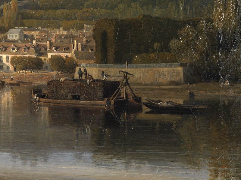 Vue de Villeneuve-Saint-Georges depuis la Seine". Tableau 1848. Détail d'un bateau chargé de bois. (Collection particulière)