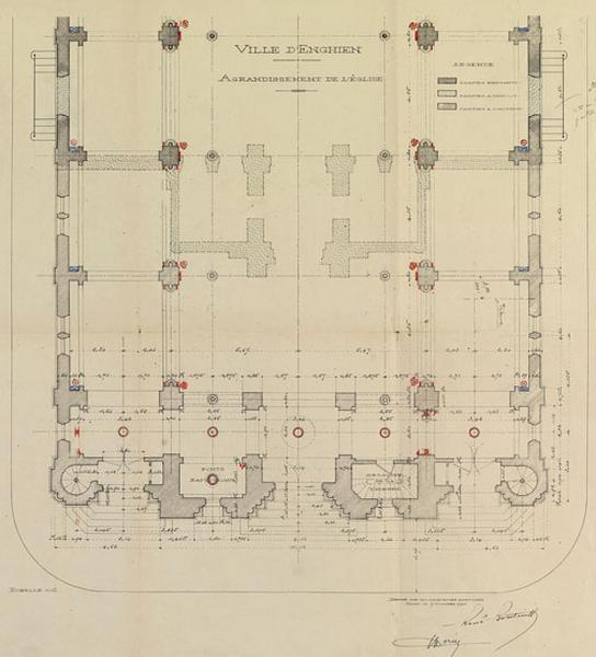 Plan d'agrandissement de l'église par la mise en place de trois nouvelles travées et d'une nouvelle façade en 1926.