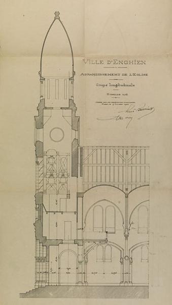 Coupe longitudinale de l'agrandissement au niveau du clocher et des nouvelles travées construits en 1926.