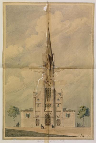 Projet d'agrandissement par des bas-côtés, 1867. Façade occidentale. L'édifice est alors de style néogothique, surmonté de la haute flèche du clocher couverte en pierre.