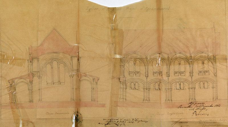 Projet d'agrandissement daté de 1866 : coupe longitudinale et coupe transversale. Approuvé par le maire et le préfet,ainsi que le mentionne les inscriptions en bas du document.