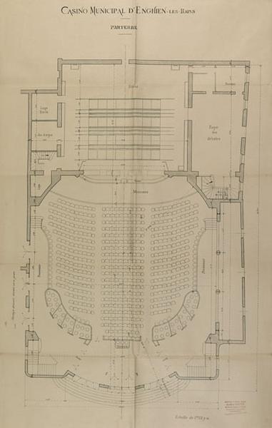 Plan de la salle de théâtre au niveau du parterre vers 1909.