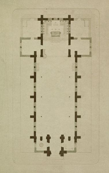 Plan de l'église initiale. La nef, simple vaisseau, possède alors quatre travées. Une légende accompagnant le document parle de 'l'état primitif' de l'édifice.