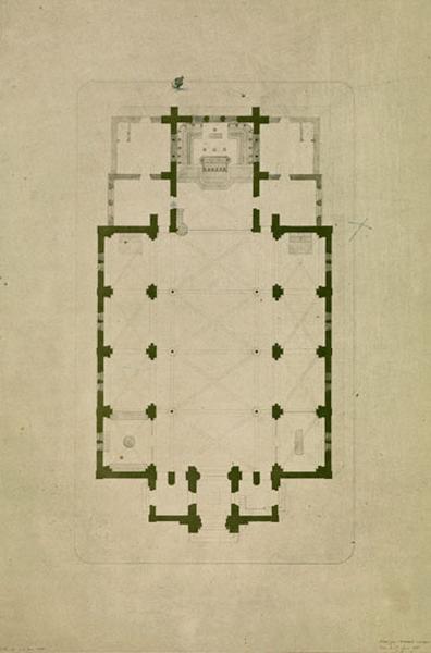 Plan de l'église après le premier agrandissement de 1868 La nef est flanquée de deux bas côtés formant les chapelles.