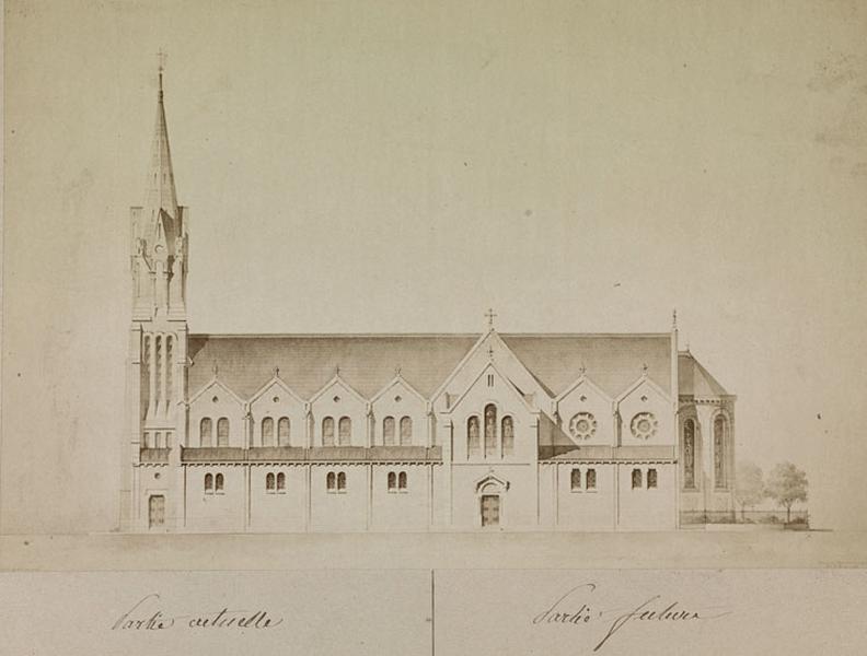 Projet d'agrandissement de l'église en 1866, par la construction d'un nouveau choeur finalement non exécuté. Elévation de la façade méridionale.