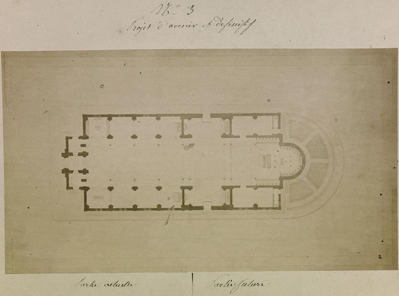 Vue de l'un des projet d'agrandissement de l'église en 1866 : proposition dite n°3 avec la construction d'un nouveau choeur. Reproduction d'une photographie du projet conservée aux archives municipales.