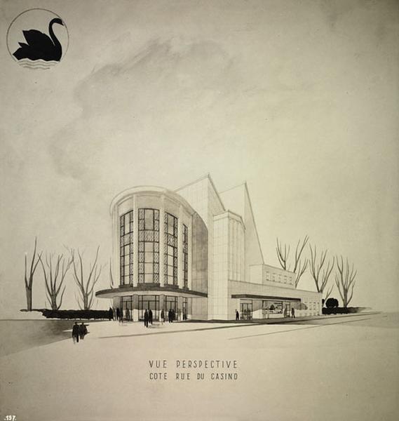 Projet de concours par les architectes Lothellier et Robin, 1er prix, 1934. Vue perspective, côté rue du Casino.