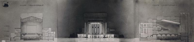 Projet de concours par les architectes Lothellier et Robin, 1er prix, 1934 signé sous le pseudonyme 'Cygne rouge, cercle d'or'. Coupe transversale, élévation axiale, coupe longitudinale.