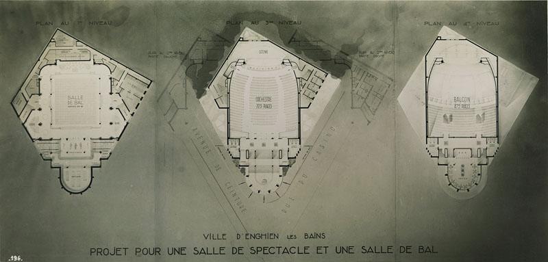 Projet de concours par les architectes Lothellier et Robin, 1er prix, 1934 signé sous le nom 'Cygne rouge, cercle d'or'. Plan du premier niveau avec la salle de bal, plan des quatrième et cinquième niveaux : salle de spectacle.