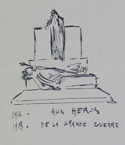 Croquis préparatoire par le sculpteur Henri Sausse, pour son projet de monument aux morts, 'La France pleurant ses enfants morts au champ d'honneur'.