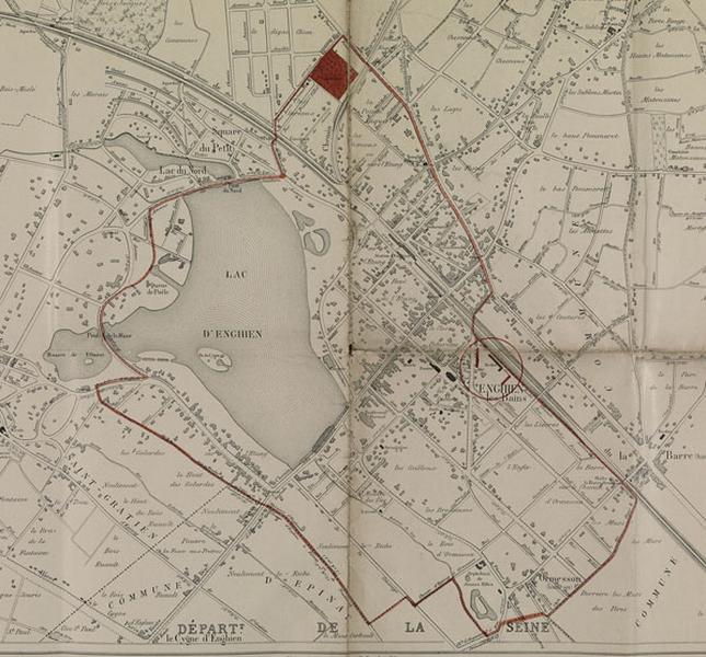 Plan de la commune d'Enghien les Bains, vers 1913 avec en haut, en rouge, la localisation du cimetière.