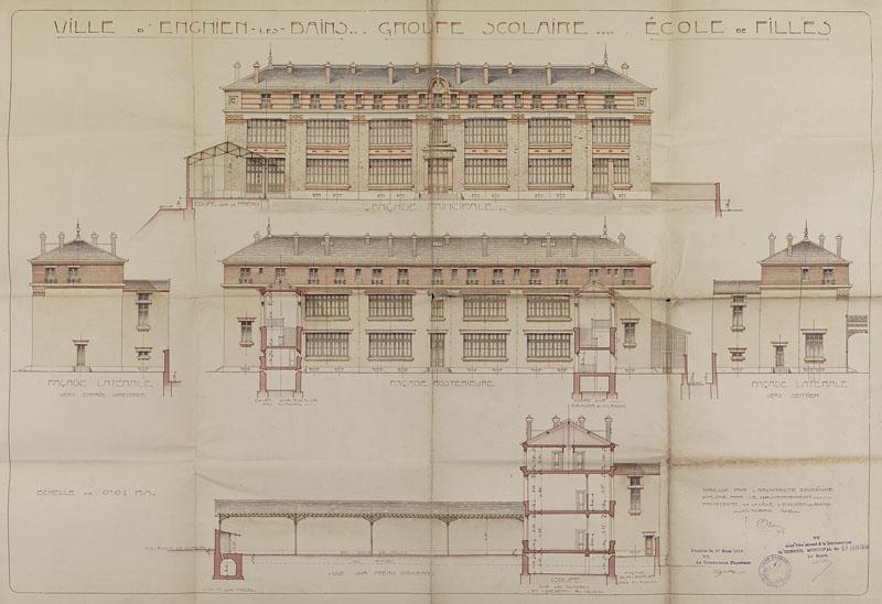 Coupes et élévations du projet d'agrandissement du groupe scolaire : bâtiment des filles par l'architecte de la ville Louis Olivier, 1913.