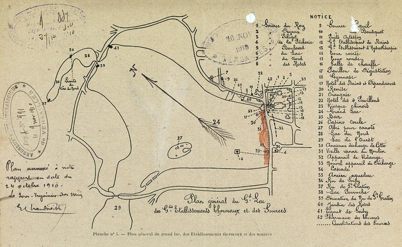 Plan du lac établi en 1910 avec la localisation de l'ensemble des éléments liés au lac et au fonctionnement de la station thermale.
