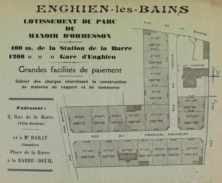 Plan du 'lotissement du manoir d'Ormesson' lancé par Edmond Taupin en 1924 à l'extrémité sud Est de la commune, formé de 18 lots.