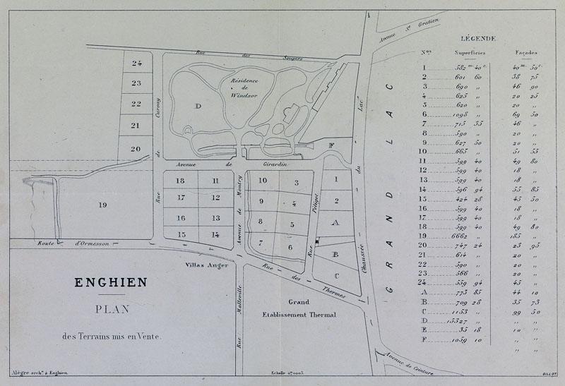 Plan du lotissement vers 1870 dit 'des parcs d'Enghien', situé entre la propriété du Windsor et son grand parc et l'établissement thermal.