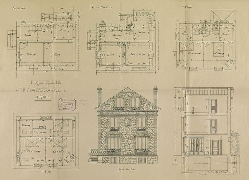 Plans et élévation de la façade sur rue par l'architecte Ch. Marchand de Montmorency pour M. Haussaire, 1906. Archives municipales.